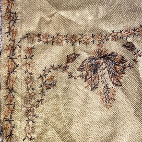 Nitika Embroidered Shawl Shinham SSI Handmade Floral Tan Raw Hem 81x39 Scarf - Picture 7 of 9